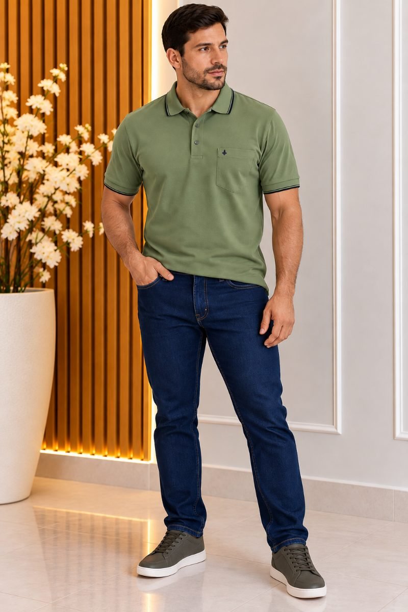 Camisa polo verde masculina com bolso