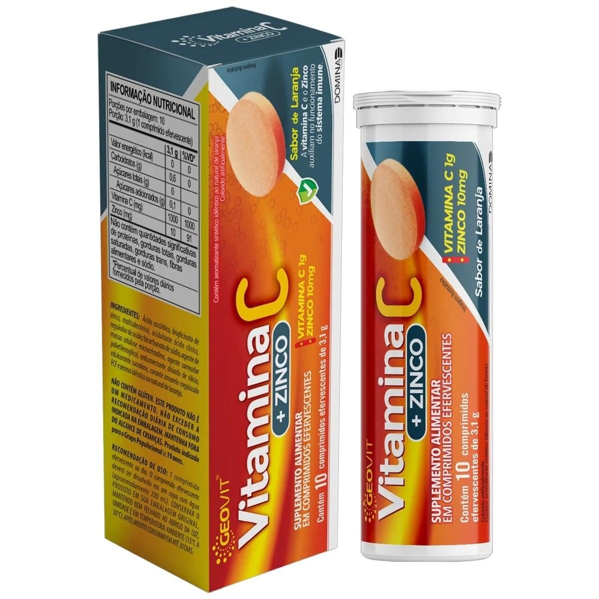 Vitamina C + Zinco efervescente sabor laranja Geovit 10 comprimidos