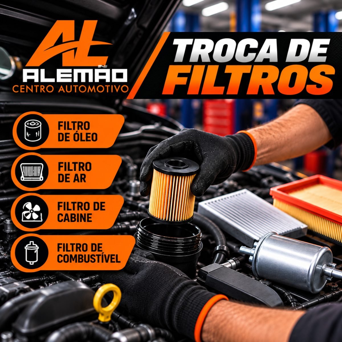 Troca de filtros (óleo, ar, cabine, combustível)