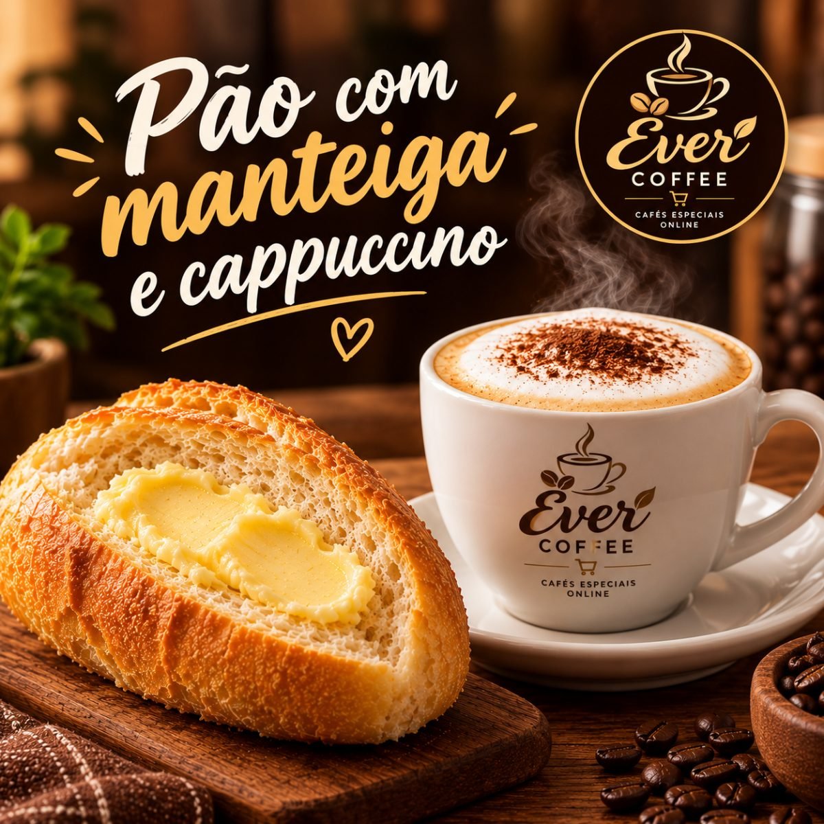 Pão com manteiga e cappuccino