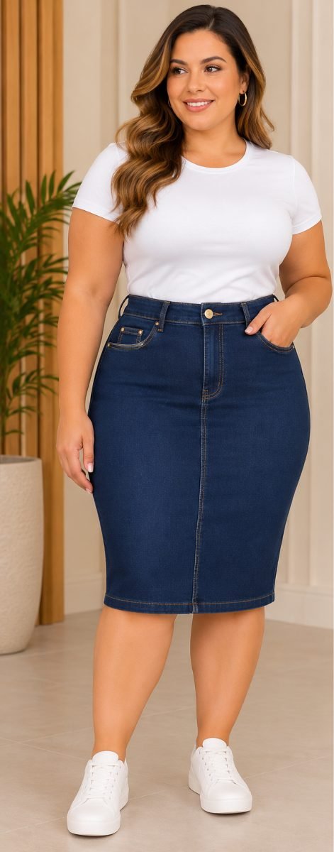 Saia jeans midi plus size azul