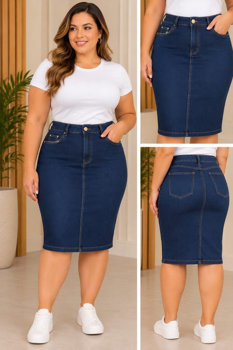 Saia jeans midi plus size azul — foto 4